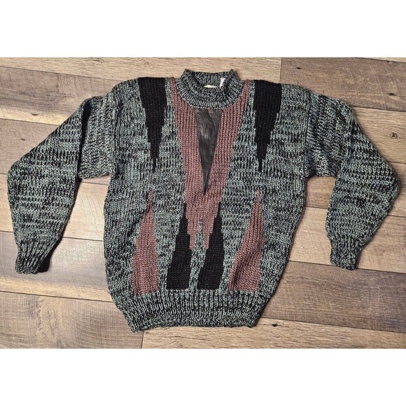 Pacific Club Vintage Sweater Black and Gray Brown w/ Leather accent - Picture 1 of 6